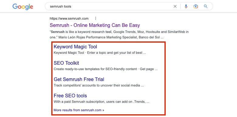 Example of Sitelinks SERP feature displayed on a desktop Google search results page.