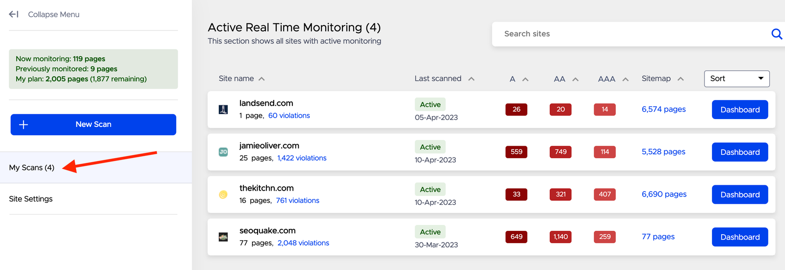 To see all scans you&rsquo;ve already set up, open the left menu and click &ldquo;My Scans.&rdquo;