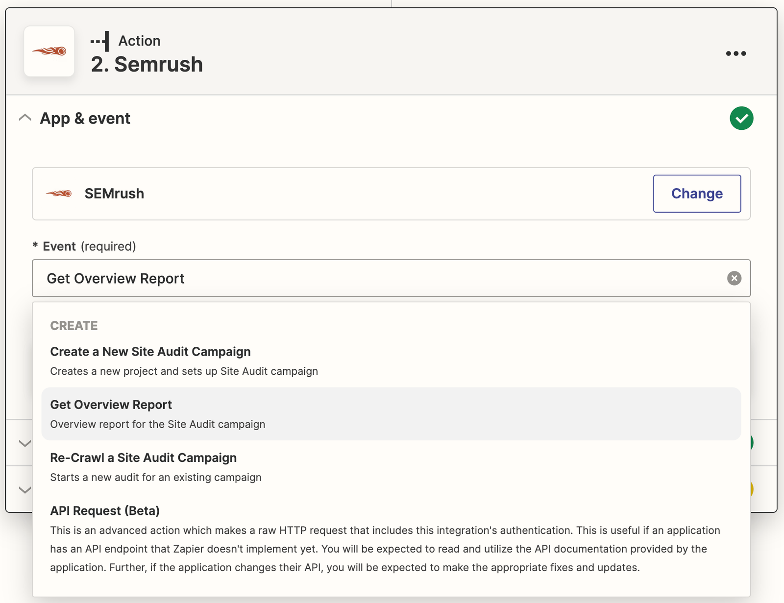 App & event tab in Zapier, showing available actions for an example event 'Get Overview Report'.