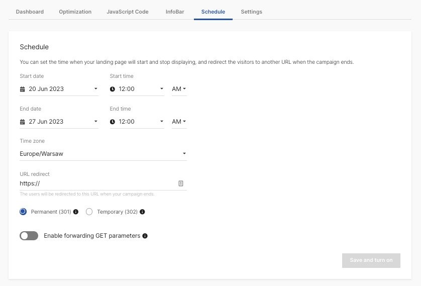 The Schedule dashboard allows you to determine when a page should be published, and when it should close.