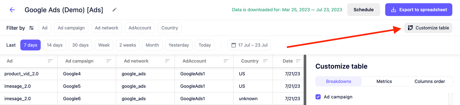 Discover options to customize your data table in AI Automated Data Connector.