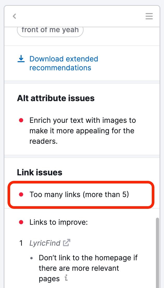 SEO Writing Assistant showing link issues: Too many links (more than 5). 