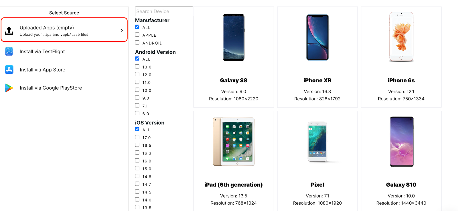 An example of where to upload an app file in the Mobile App Tester.