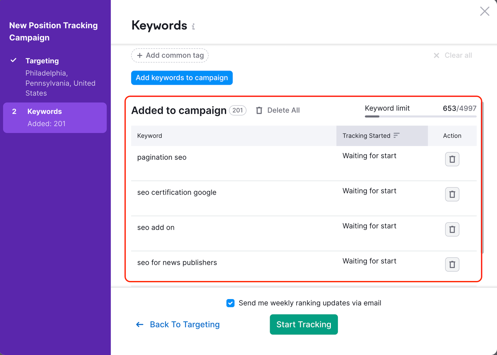 Position Tracking configuration window &ndash; Keywords. A red rectangle is highlighting the Added to campaign section. 