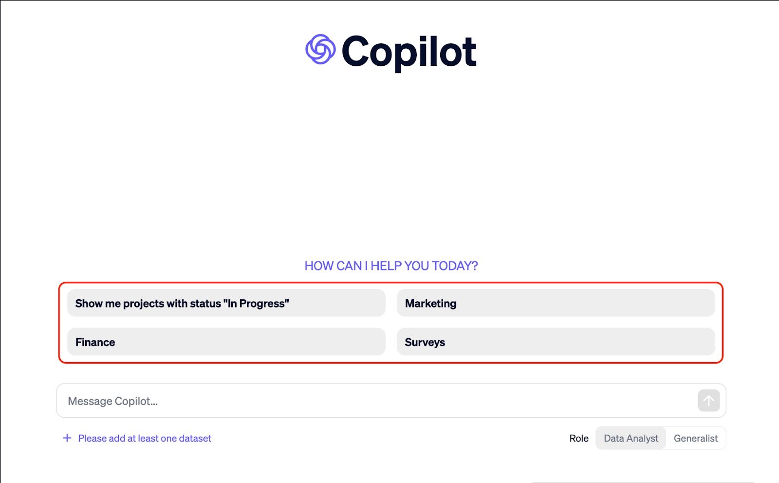 An example of a new copilot chat with the pre-made prompts highlighted with red.