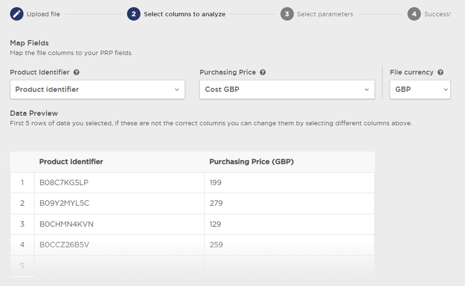 Selecting columns to analyze in the &lsquo;Multi Product Analysis&rsquo; feature of Product Research Pulse.