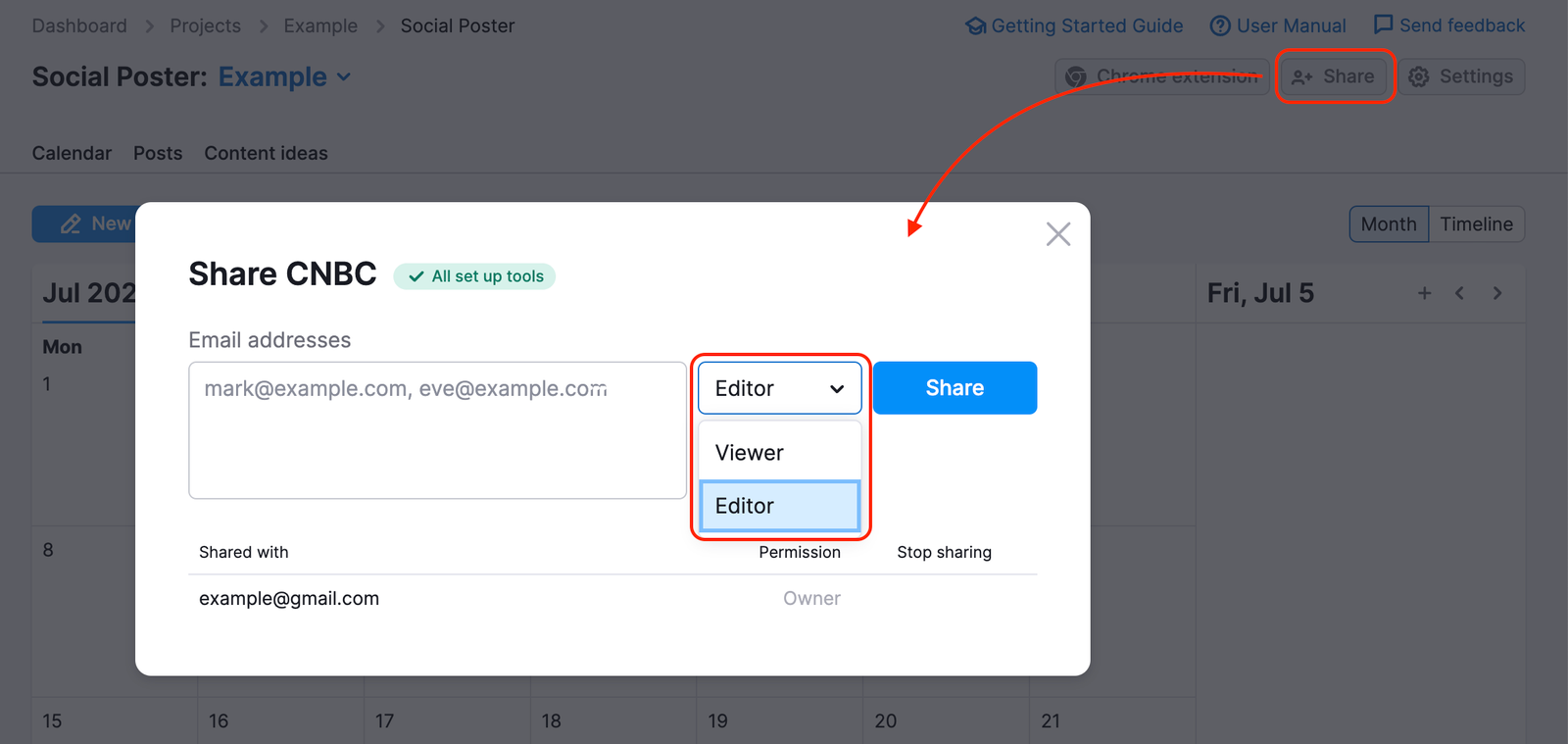 Pop up screen when sharing a project from Social Poster that opens after clicking the Share button. The drop down menu shows Viewer and Editor options. 