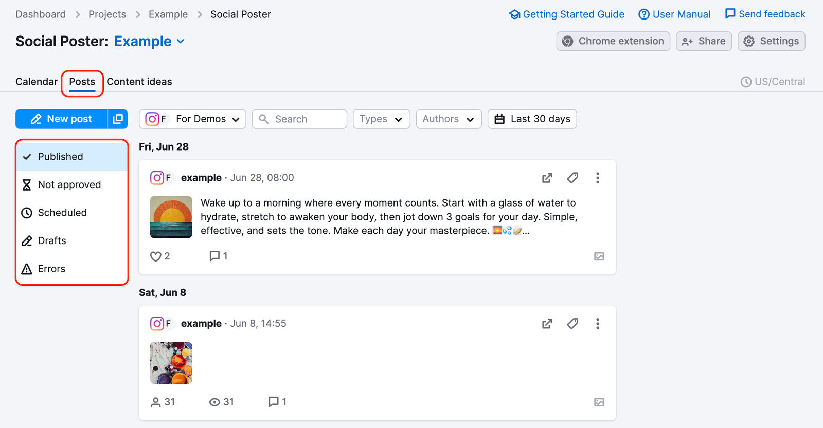 The Posts tab and a selector of published, not approved, scheduled, draft posts, and posts with errors are highlighted.