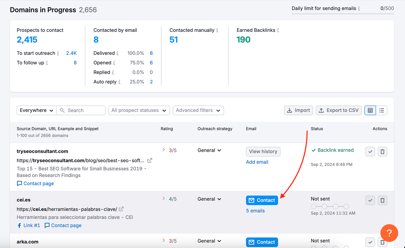 In Progress report in the Link Building tool. Among the list of potential backlinks, a red arrow is pointing towards the blue Contact button on the right.