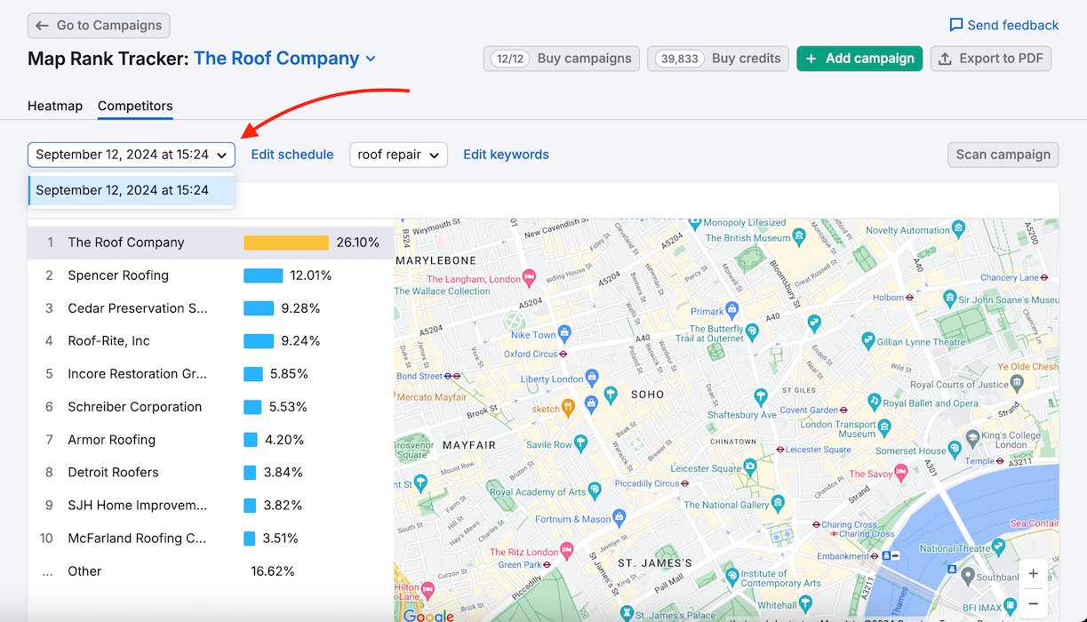 A red arrow pointing to the dropdown for selecting a date range.