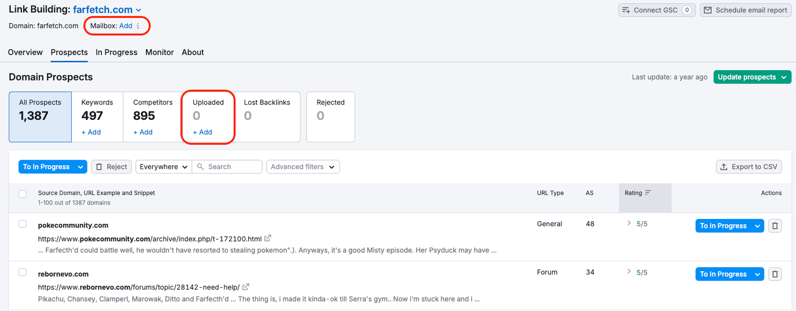 Link Building Prospects report. The Add Mailbox feature on top is highlighted as well as the Uploaded prospects field, prompting you to upload your own backlink prospects and connect your mailbox with the tool. 