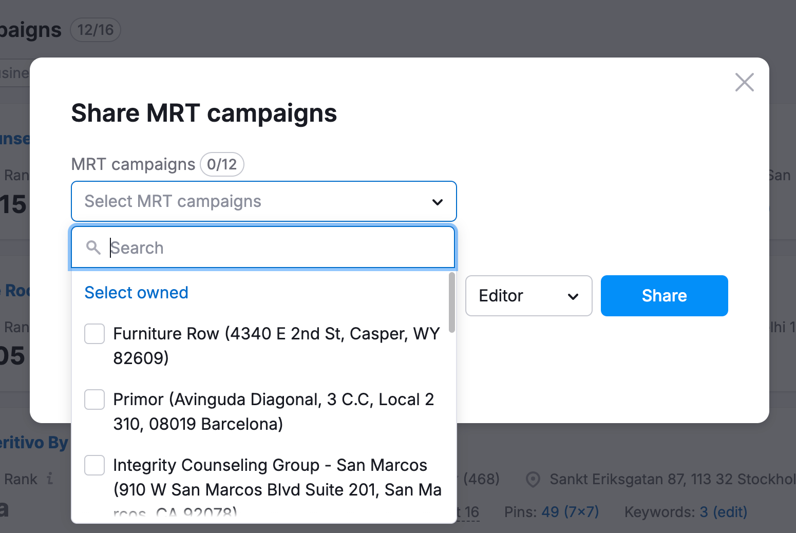 An example of the Share Map Rank Tracker campaigns pop-up with the campaign selector.
