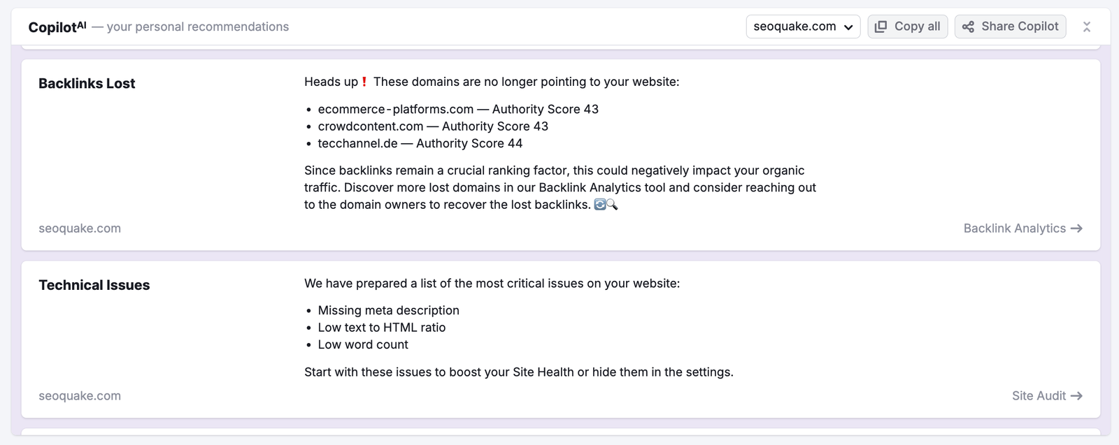 The Copilot dashboard with technical issues and recommendations linked to Site Audit. 