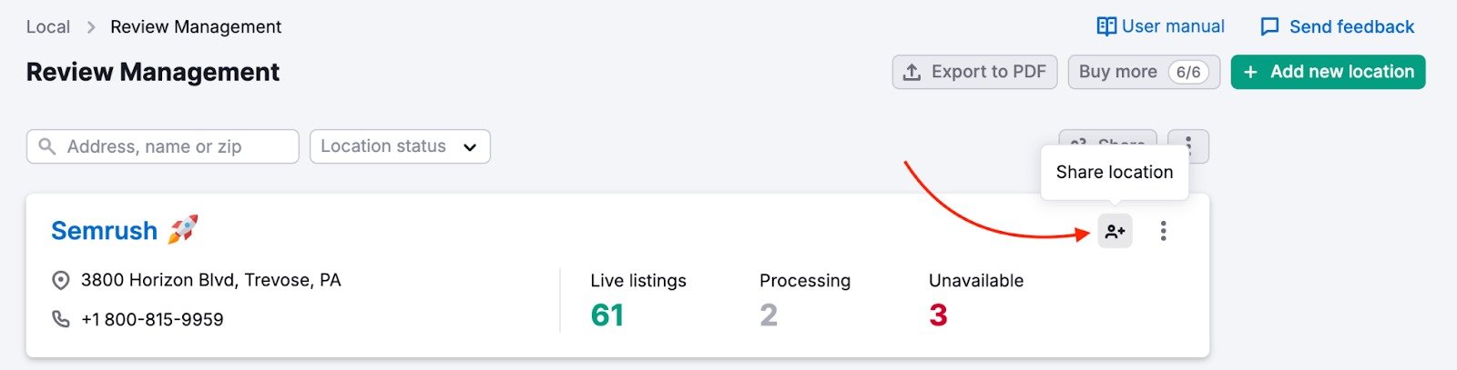 The list of locations in Review Management with a red arrow pointing to the Share button. 
