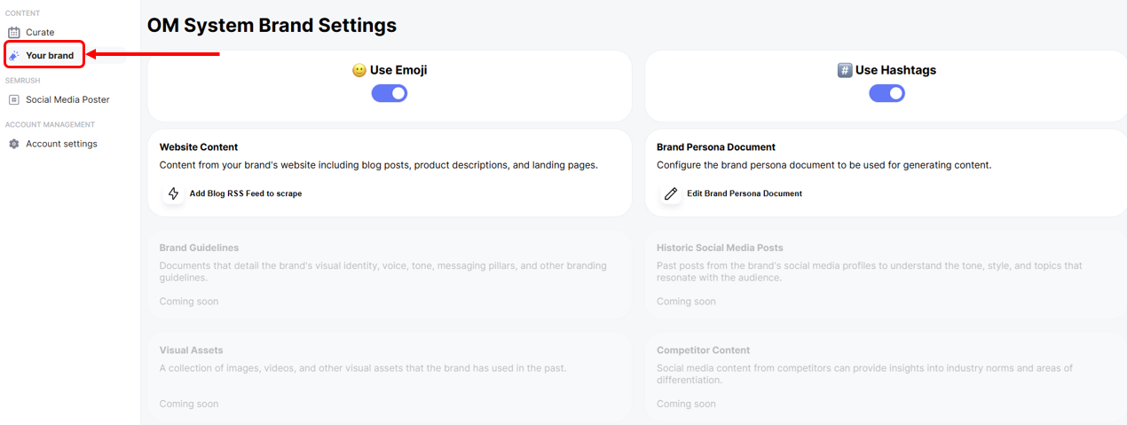 Navigating to the &lsquo;Your brand&rsquo; dashboard in AI Social Assistant.