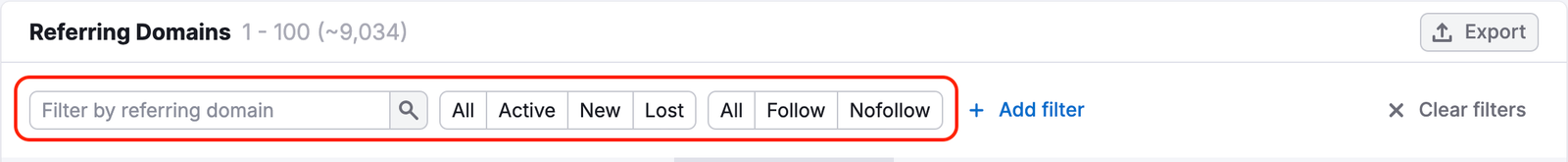 Quick filters in the Referring Domains report are above the table. 