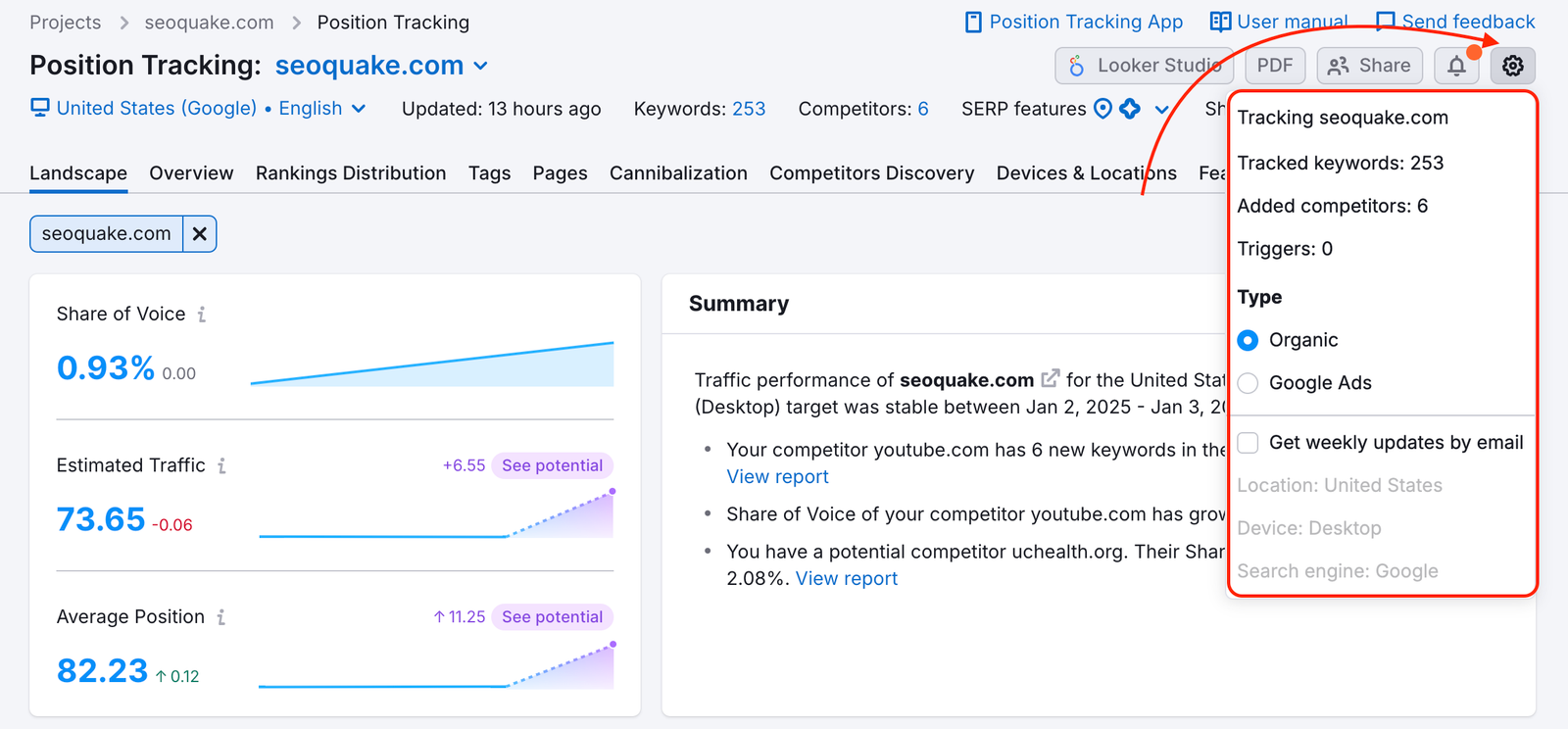 Position Tracking Landscape report with a red arrow pointing to the gear button in the top-right corner and a red rectangle highlighting the drop-down settings menu. 