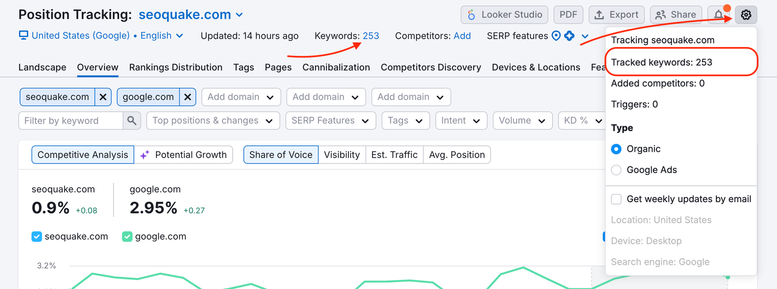 Keywords in Position Tracking can be edited either via the Keywords shortcut on top of the report or from the settings menu. 