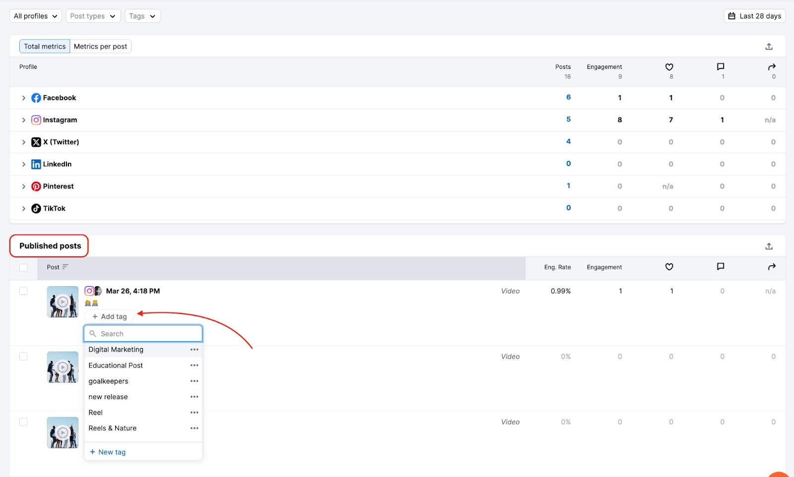 Social Content Insights showing the Published Posts section with an arrow pointing to the Add Tag dropdown menu.