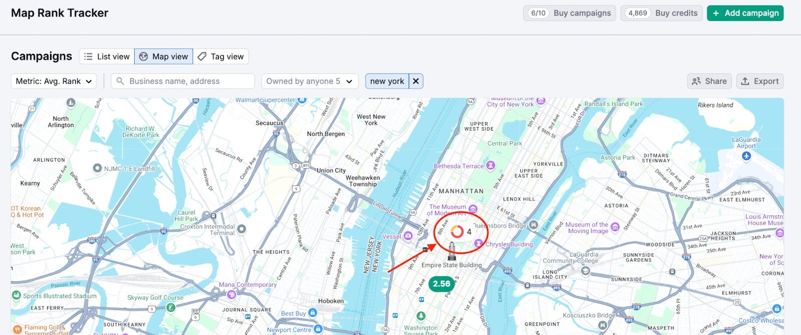 Map Rank Tracker Map view for a cluster of campaigns tagged by geo area&nbsp;
