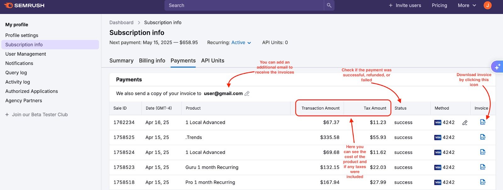 An example of the Payments page in Subscription Info where you can find your payment history and download invoices.