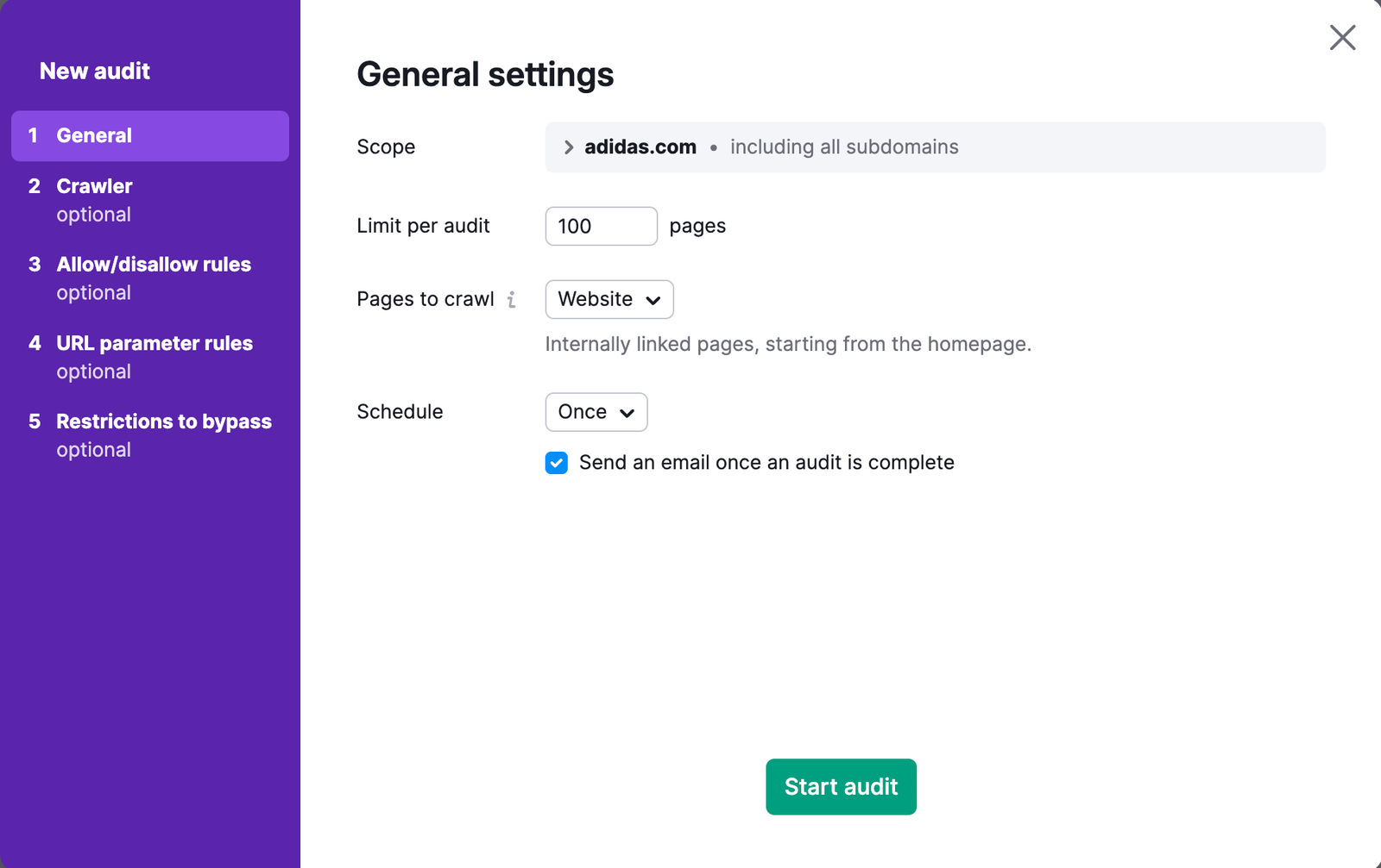 Site Audit settings wizard displaying the first step: General settings.