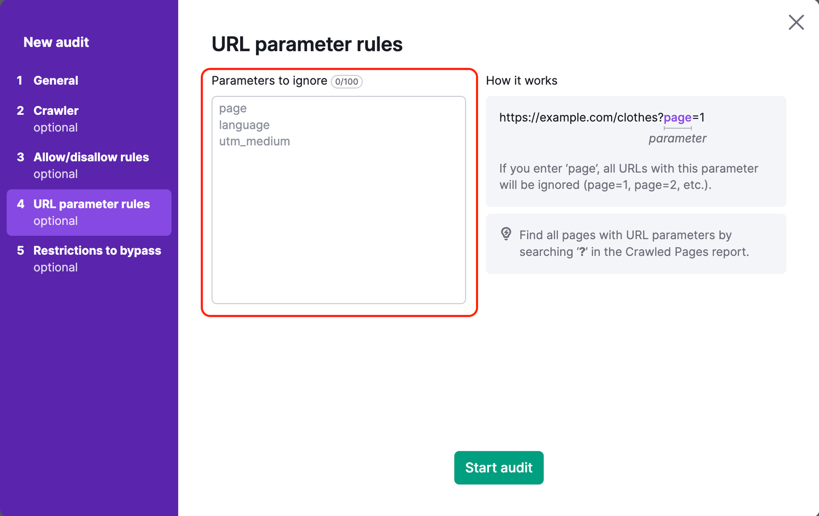 URL Parameter Rules step in the Site Audit settings. Several example entries are shown and highlighted in the parameter fields, illustrating the correct format for URL parameters.