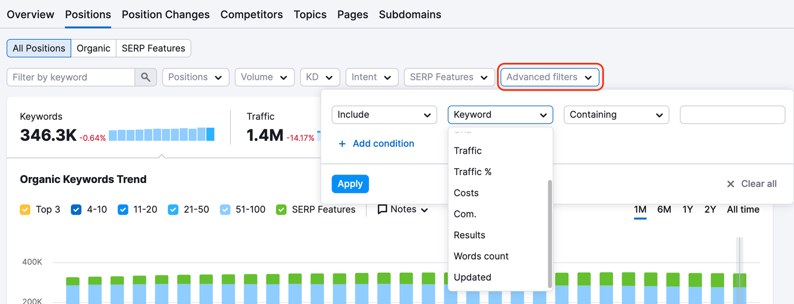 Example of advanced filter options, including keyword type, CPC, URL, traffic, traffic percentage, and more.