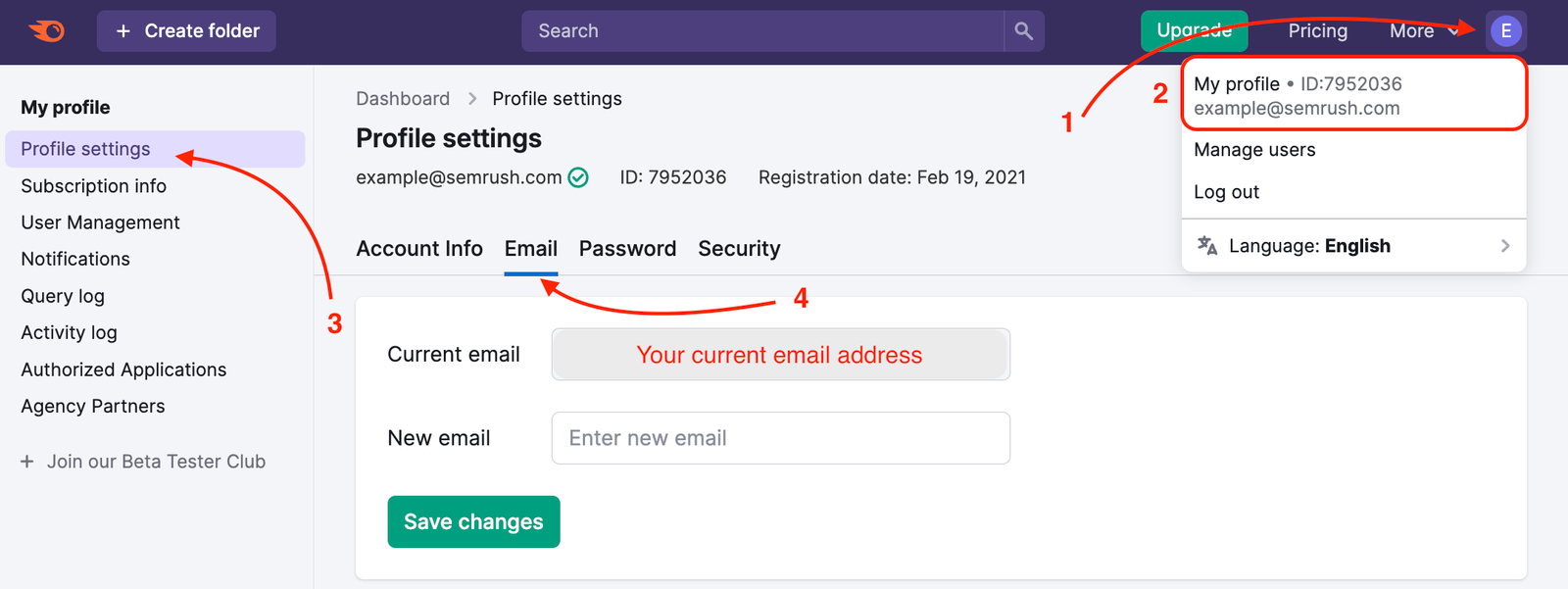 My profile menu shows how to change your email.