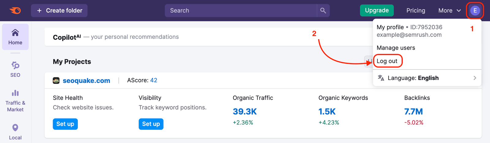 Project Dashboard with an open drop-down menu in the top-right corner: a red arrow points to Log out.