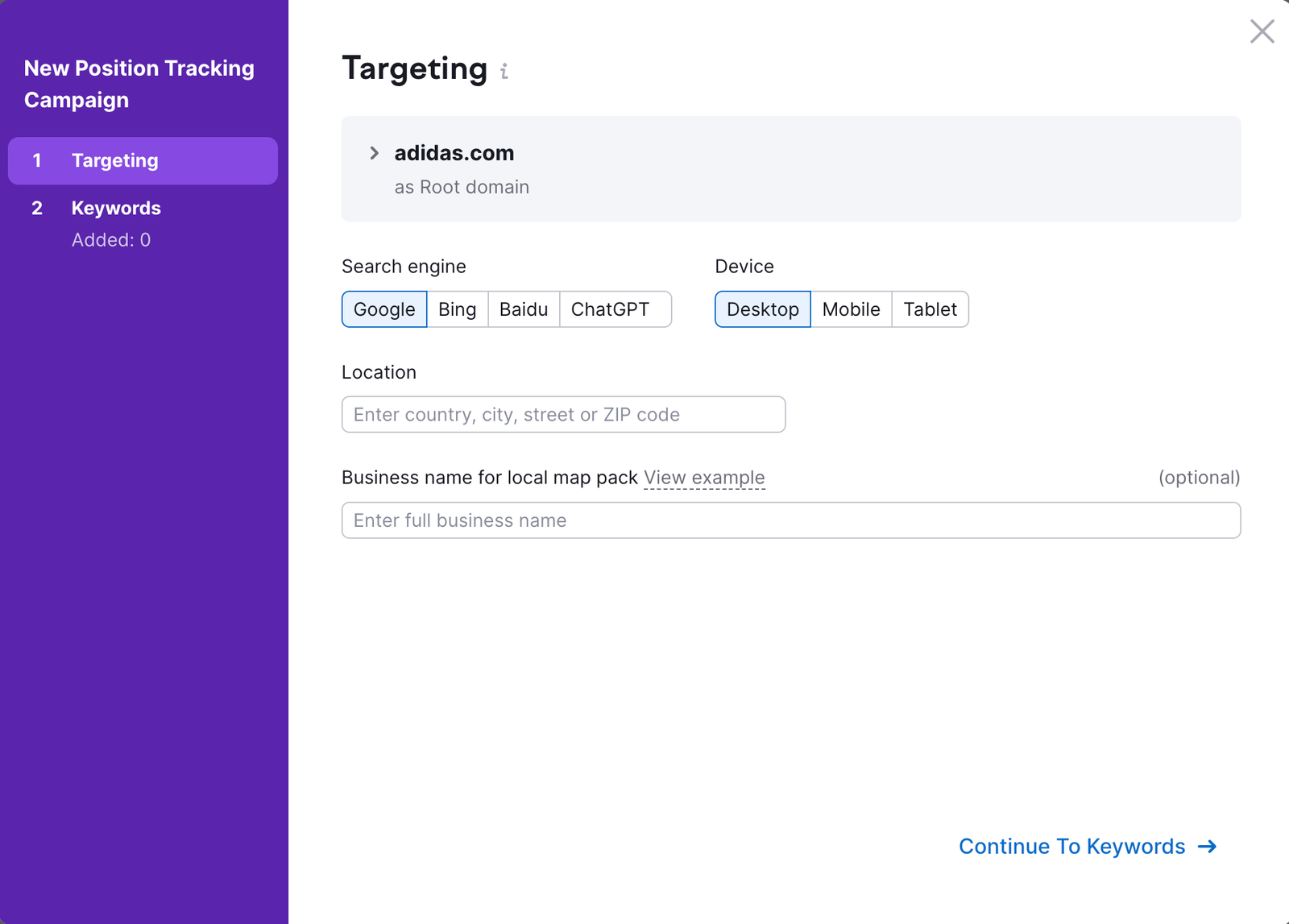 An example of the Position Tracking setup wizard.