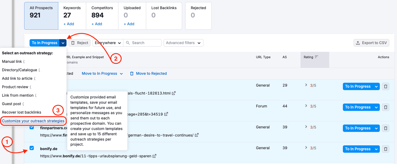 Link Building tool Prospects report displaying the menu for customizing outreach strategies and creating templates.
