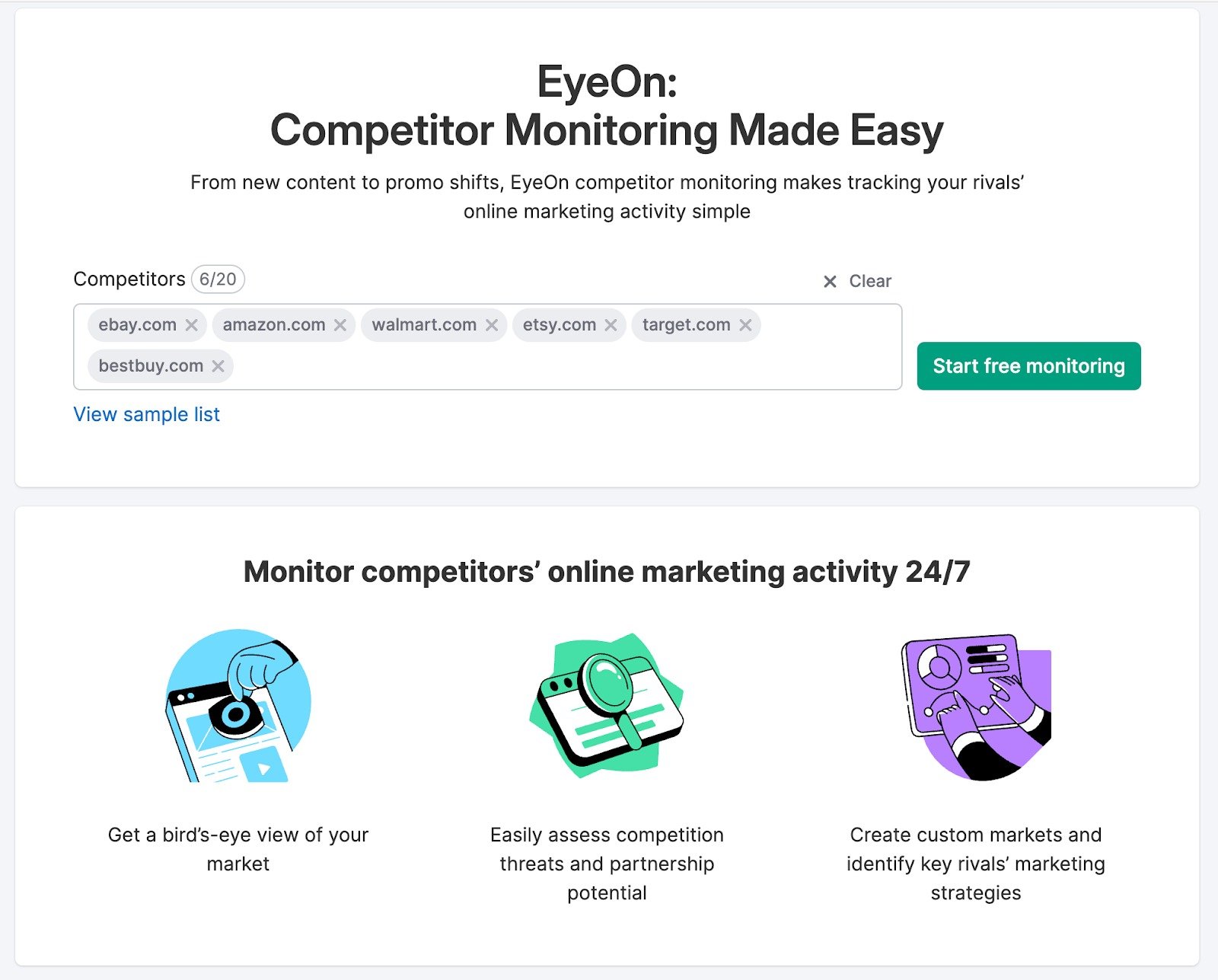 EyeOn landing page with the websites to analyze.
