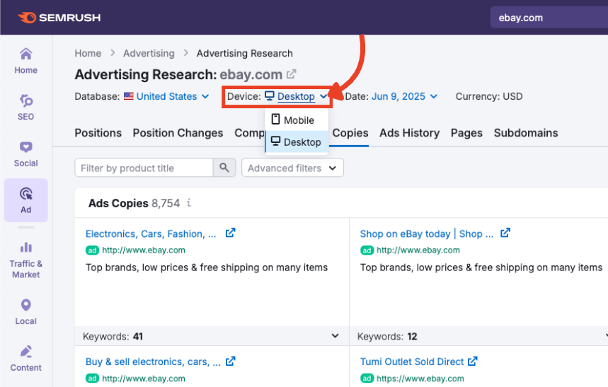 The device menu in the Advertising Research Ads Copies report with desktop selected.