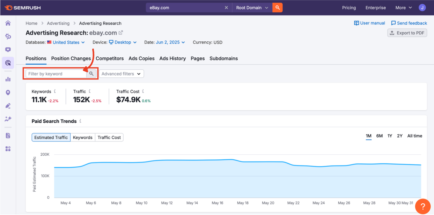 The Advertising Research interface with the filter by keyword search bar highlighted.