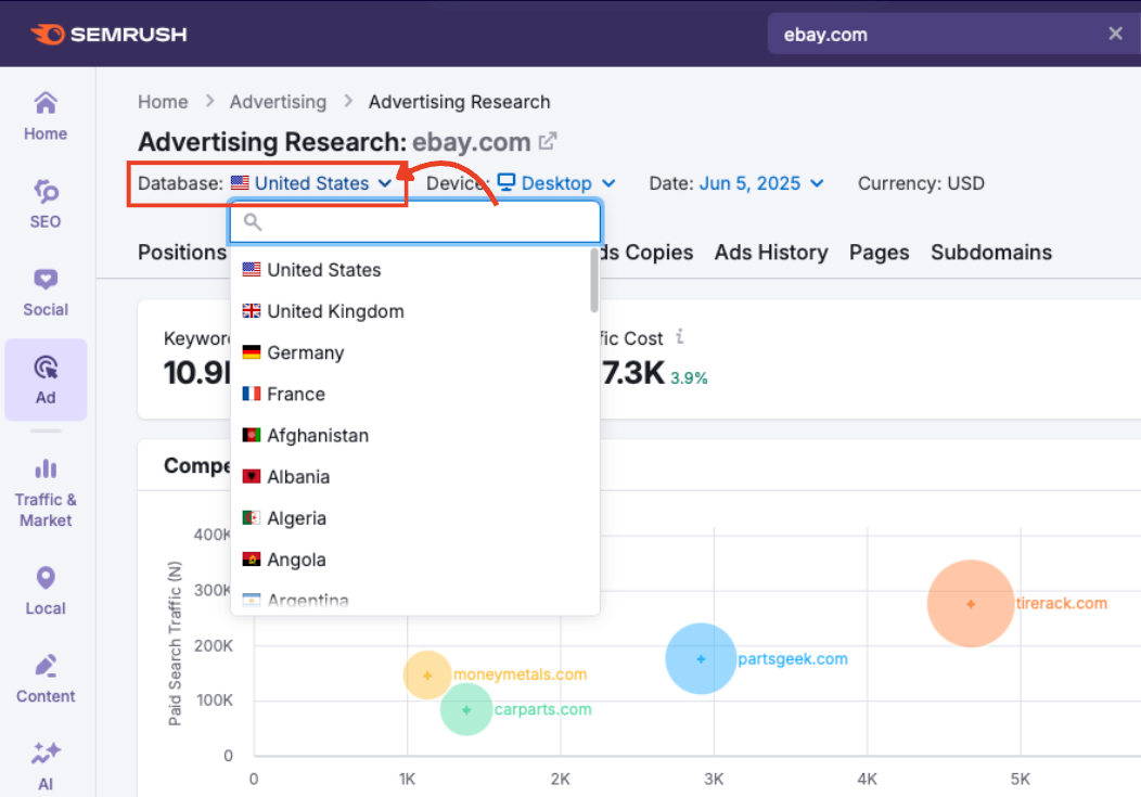 Country database selector set to United States.