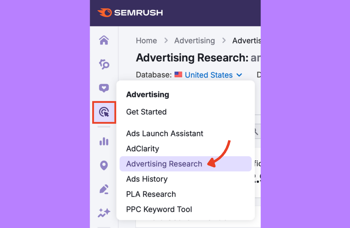Semrush sidebar with the Advertising icon highlighted and the Advertising Research option selected.