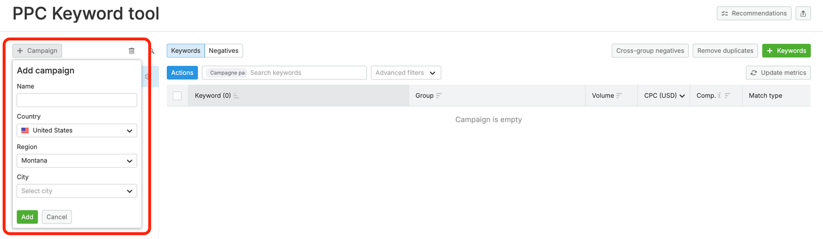The campaign configuration wizard includes fields such as Country, Region, and City.