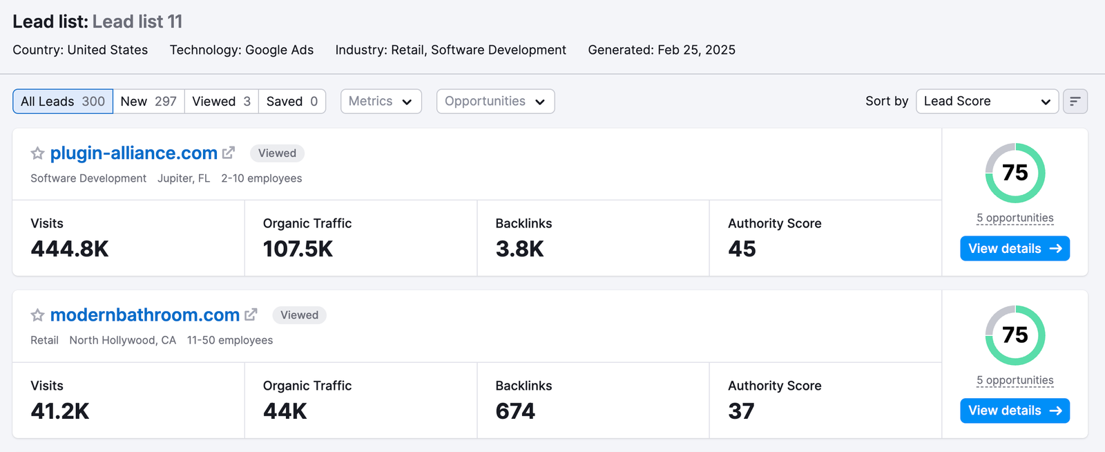 An example of what Lead Finder interface looks like after leads were generated.