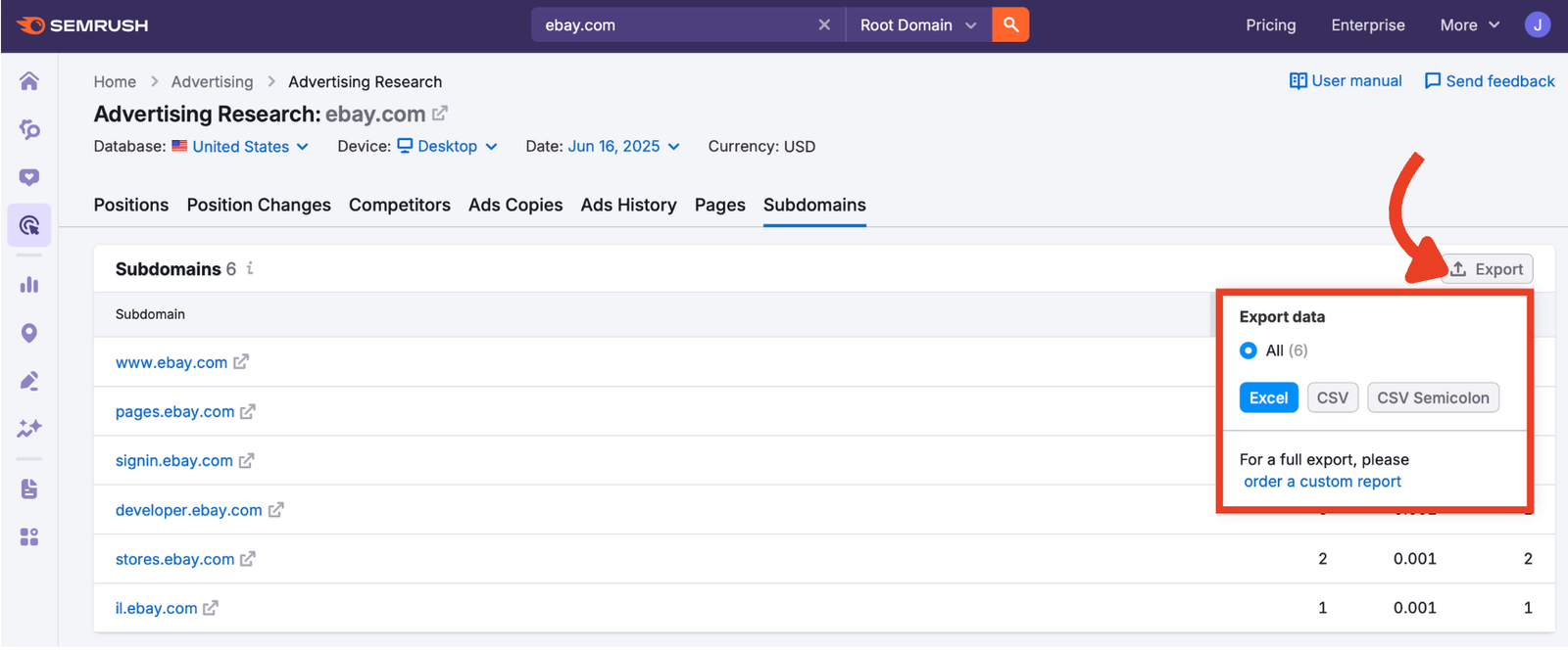 Export button in the Subdomains report with file format options.