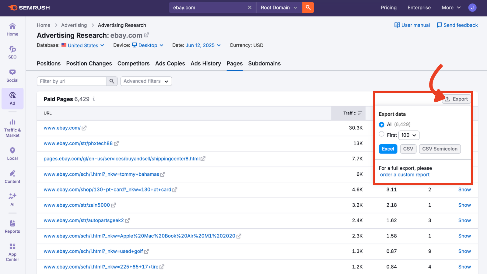 Export menu in the Pages report interface.