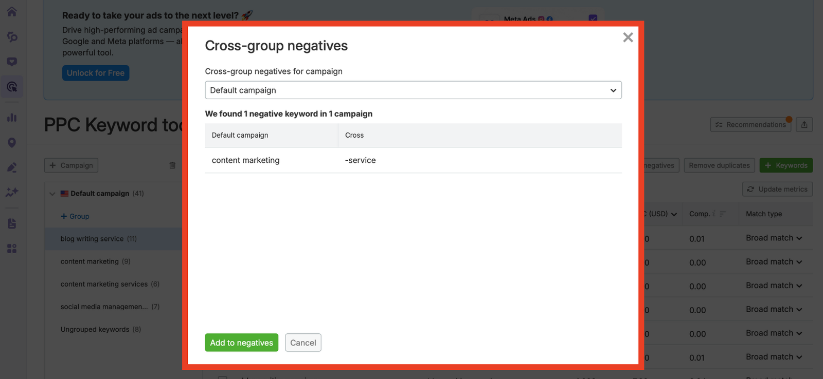 Keywords Semrush recommends adding to negatives.