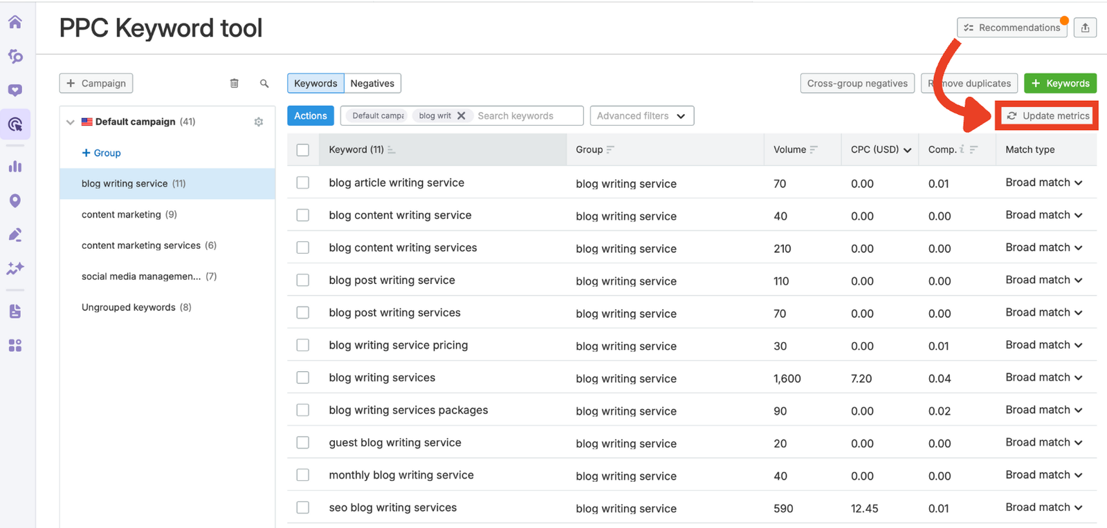 The update metrics button in the PPC Keyword Tool.