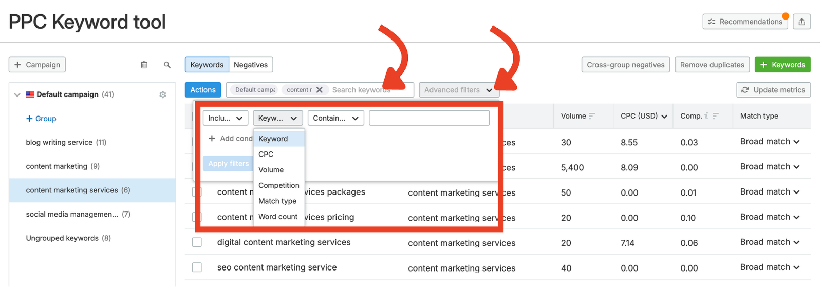 Advanced filters button highlighted. 