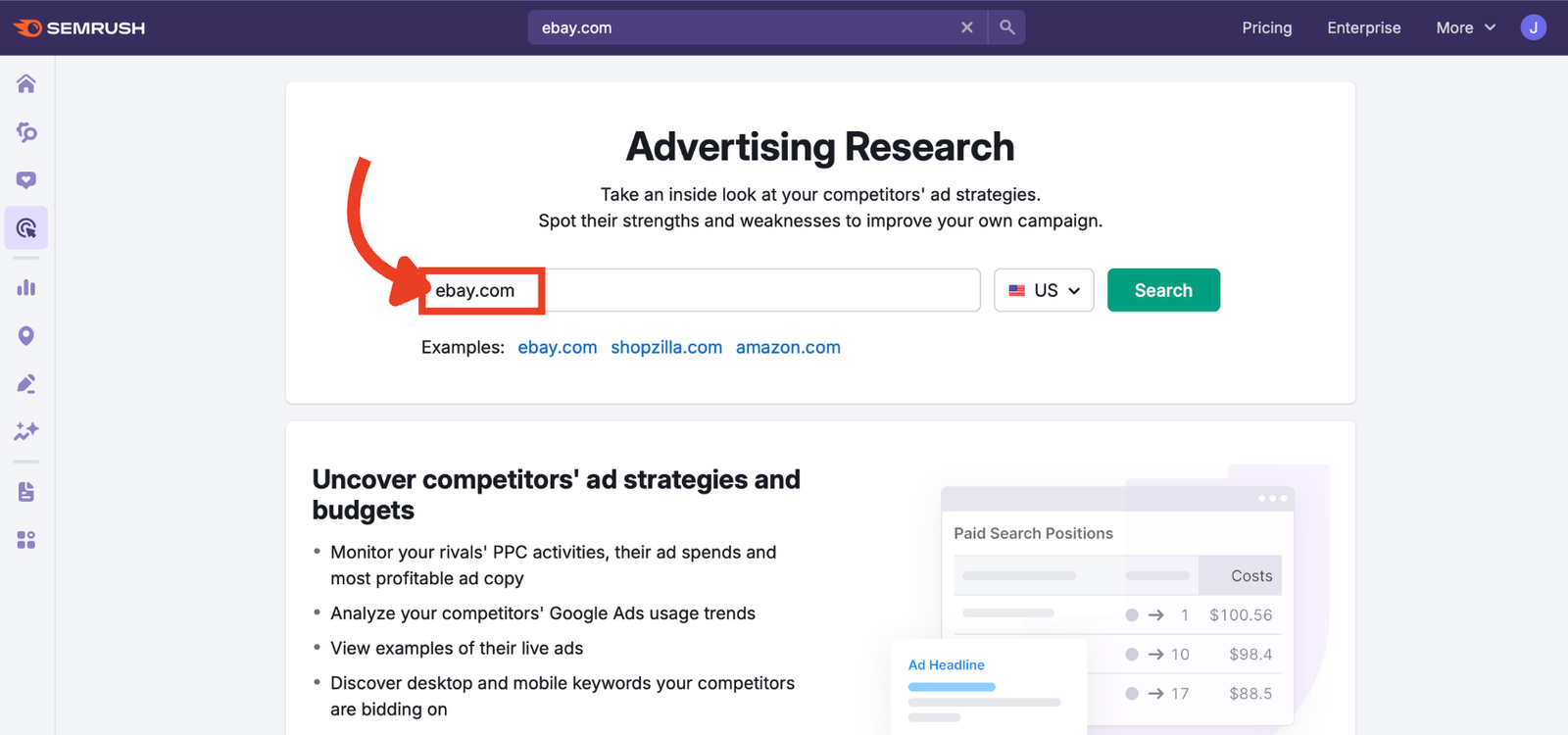 Search bar in Advertising Research with a domain entered.