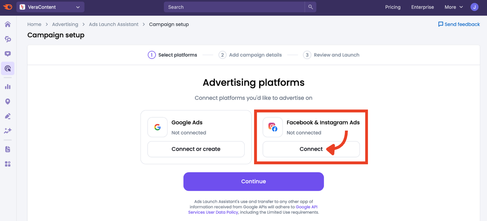Ad platform connection screen.