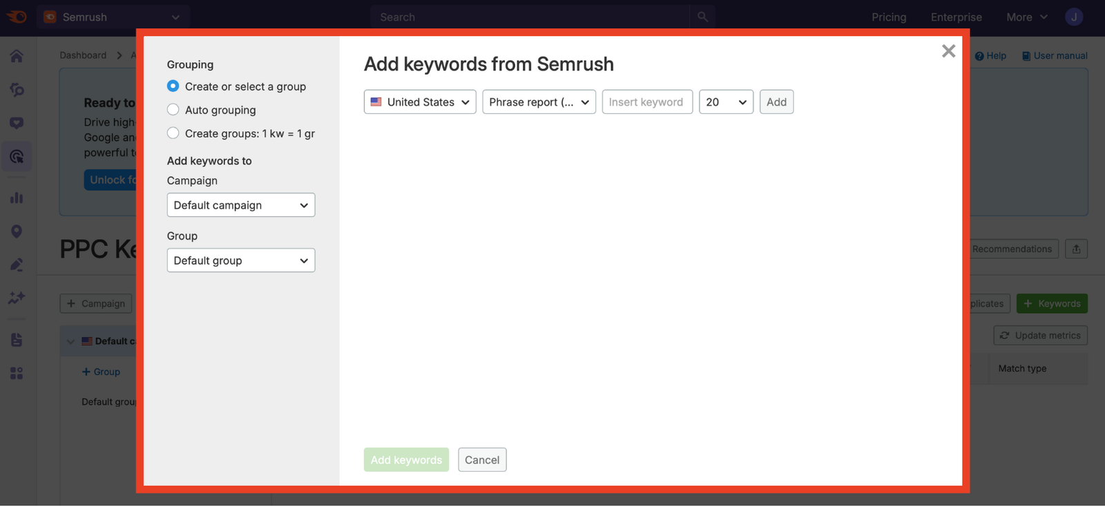 Semrush keyword import menu with options to select report type and insert keyword.