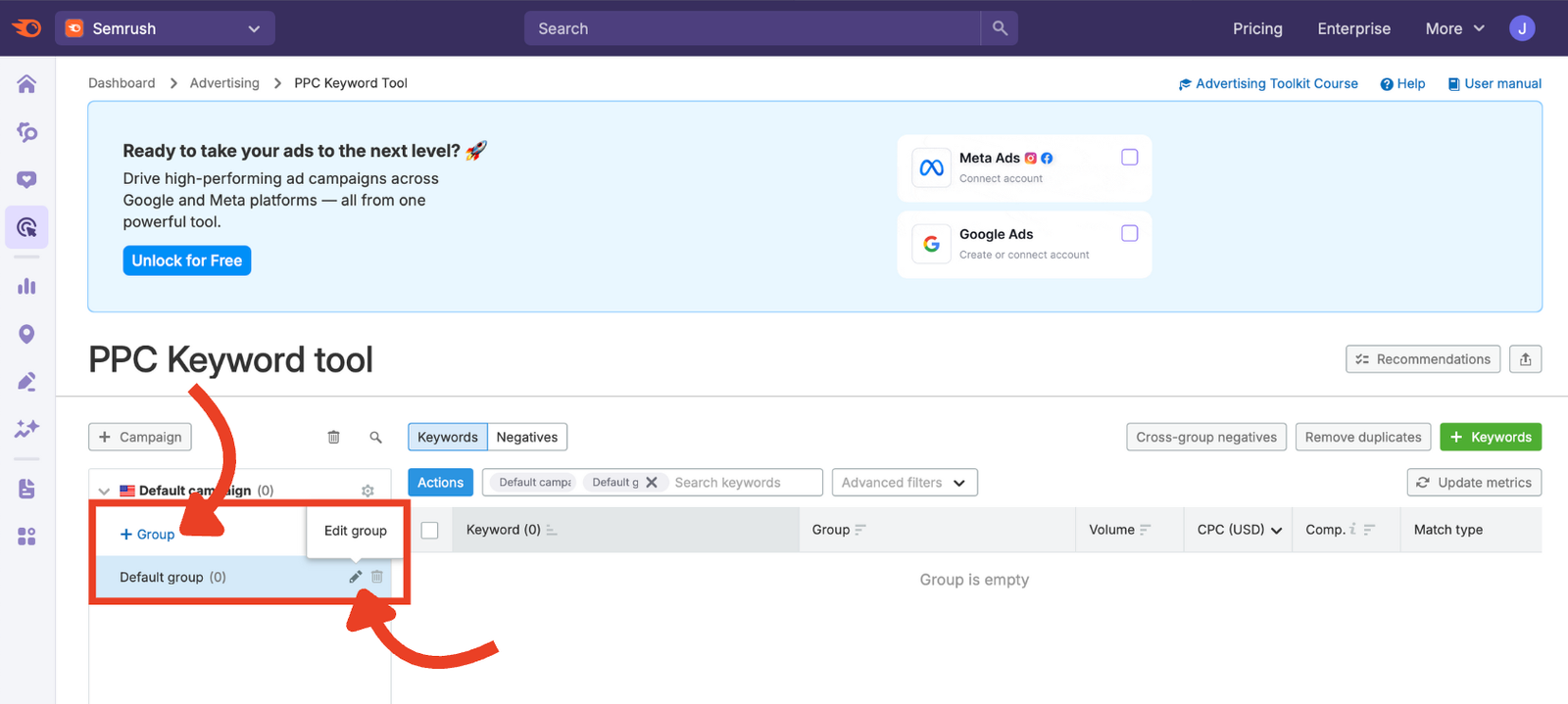 Add group button in the PPC Keyword Tool.&nbsp;