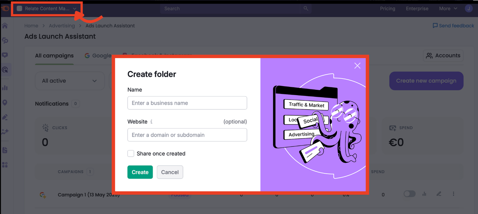 New folder creation screen inside Ads Launch Assistant.
