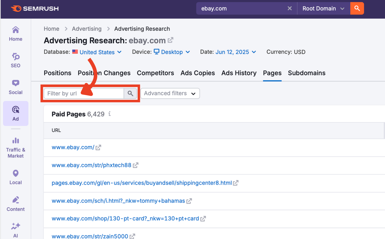 The Filter by URL field.